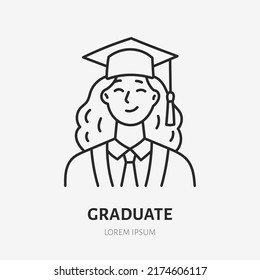 Graduate doodle line icon. Vector thin outline illustration of woman student in square academic cap. Black color linear sign for education