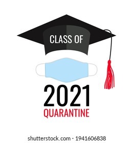 graduate during quarantine 2021. Logo with hat and protective mask isolated