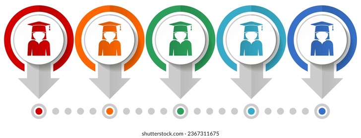 Graduate, education, female student vector icon set, flat design infographic template, set pointer concept icons in 5 color options for webdesign and mobile applications