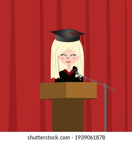 graduate European female student wearing academic gown and graduation capn on stage. Vector illustration