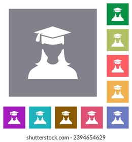 Graduate female avatar flat icons on simple color square backgrounds