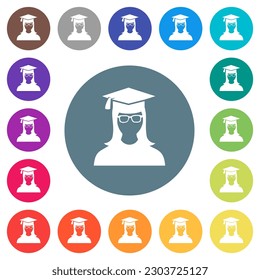 Graduate female avatar flat white icons on round color backgrounds. 17 background color variations are included.