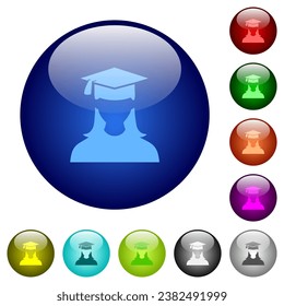 Graduate female avatar icons on round glass buttons in multiple colors. Arranged layer structure