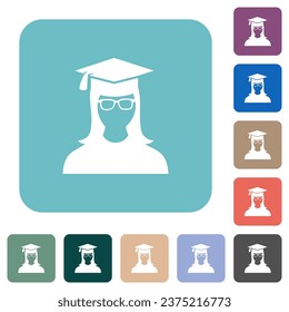 Graduate female avatar white flat icons on color rounded square backgrounds