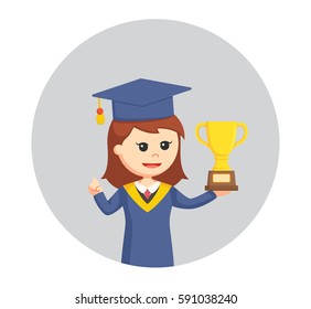 graduate female student with trophy in circle background