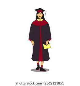 Graduate female student wearing gown and cap holds envelope.