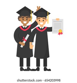 Graduate friends in black gown with diploma certificate ceremony