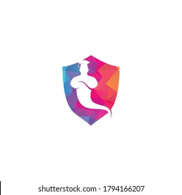 Graduate Genie shield shape concept logo. Genie Logo Design. Magic Fantasy genie concept logo.