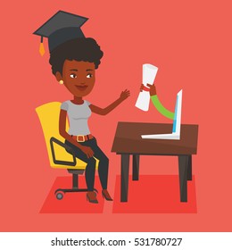 Graduate getting diploma from the computer. An african student in graduation cap working on computer. Concept of educational technology and graduation. Vector flat design illustration. Square layout.