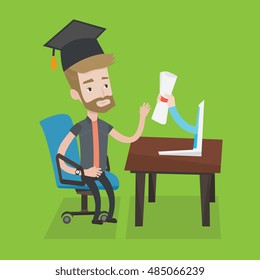 Graduate getting diploma from the computer. Happy student in graduation cap working on computer. Concept of educational technology and graduation. Vector flat design illustration. Square layout.