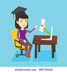 Graduate getting diploma from the computer. Happy student in graduation cap working on a computer. Concept of educational technology and graduation. Vector flat design illustration. Square layout.