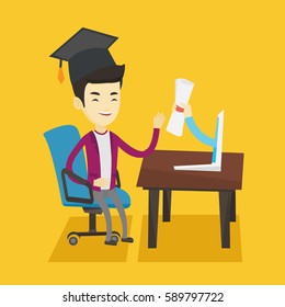 Graduate getting diploma from the computer. Happy student in graduation cap working on a computer. Concept of educational technology and graduation. Vector flat design illustration. Square layout.