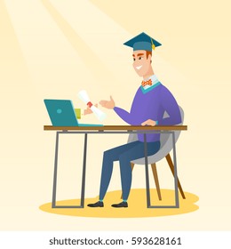 Graduate getting diploma from the computer. Happy student in graduation cap working on a computer. Concept of educational technology and graduation. Vector flat design illustration. Square layout.