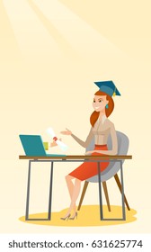 Graduate getting diploma from the computer. Happy student in graduation cap working on a computer. Concept of educational technology and graduation. Vector flat design illustration. Vertical layout.