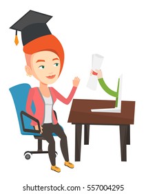 Graduate getting diploma from the computer. Student in graduation cap working on a computer. Educational technology and graduation concept. Vector flat design illustration isolated on white background