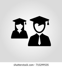 Graduate girl and boy in square cap or hat with tassel vector icon. Female and male in mortar hat and graduation academic gown