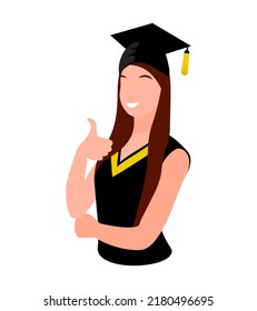 Graduate girl character, vector student in black robe and cap, university education concept, graduation ceremony wear, cheerful happy person isolated on white background. 