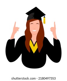 Graduate girl character, vector student in black robe and cap, university education concept, graduation ceremony wear, cheerful happy person isolated on white background. 