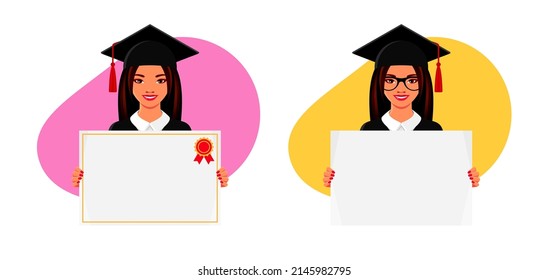 Graduate girl with diploma or education certificate template, happy young woman in academic hat and gown holding white paper blank poster. Vector colorful illustrations of smiling Asian women