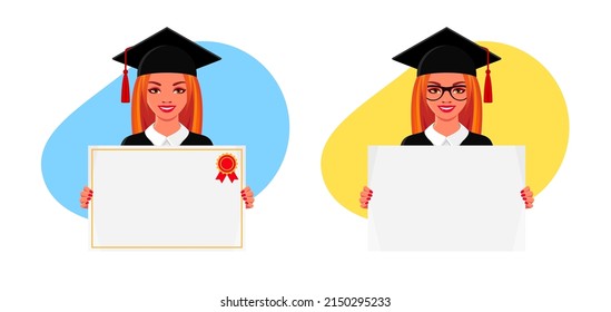 Graduate girl with diploma or education certificate template, happy young woman in square academic cap and black gown holding white paper blank poster. Vector illustrations of smiling redhead women