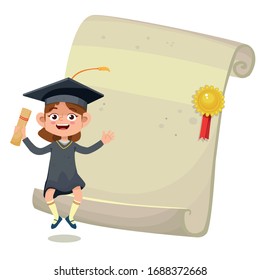 graduate girl with diploma jumps vector illustration