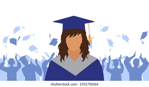 Graduate girl in mantle and academic square cap on background of cheerful crowd of graduates throwing their academic square caps. Graduation ceremony. Vector illustration