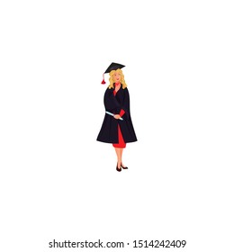 Graduate girl in the mantle with diploma scroll vector illustration in flat cartoon style
