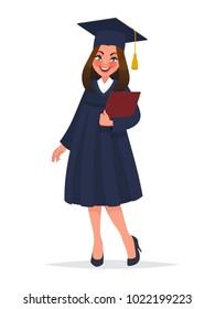 Graduate girl in mantle with diploma. Vector illustration in cartoon style