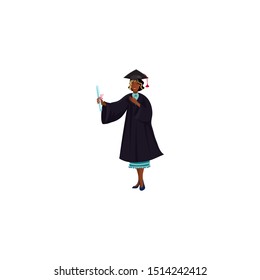 Graduate girl in a mantle holds a diploma with an outstretched hand. Vector illustration in a flat cartoon style.