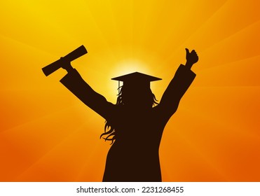 Graduate girl in mantle and mortarboard with certificate on background of sunset. Graduation. Vector illustration