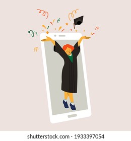 A graduate girl in a mantle tosses a hat up against the background of the contour of a smartphone or tablet. Isolated vector illustration of graduation virtual 2021 year.