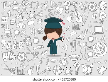 A Graduate Girl on back to school background, drawing by hand vector