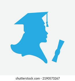 Graduate girl in square cap or hat with tassel vector icon.