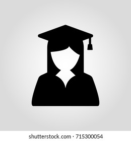 Graduate girl in square cap or hat with tassel vector icon. Female in mortar hat and graduation academic gown