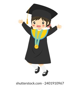 Graduate girl student character vector. Happy little girl graduate wearing graduation hat and gown, smiling and jumping.