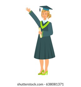 Graduate girl student in mantle holding diploma scroll and raising her hand up. Colorful cartoon illustration