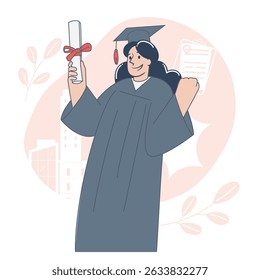 Graduate Girl Taking Selfie with Diploma Vector Illustration