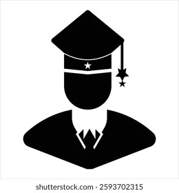 graduate in graduation cap, student icon, flat style black and white web icon