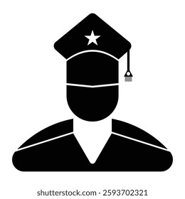 graduate in graduation cap, student icon, flat style black and white web icon