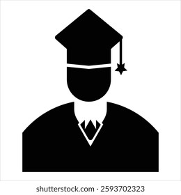 graduate in graduation cap, student icon, flat style black and white web icon