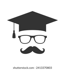 Graduate graphic logo. Bachelor cap with glasses and mustache isolated sign on white background. Vector illustration