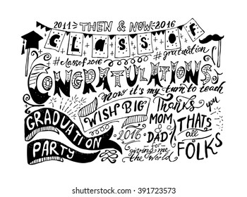 Graduate Greeting card with lettering and inscriptions "Graduation Party", "Congratulations." Vector illustration