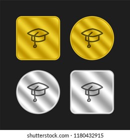 Graduate hand drawn hat outline gold and silver metallic coin logo icon design