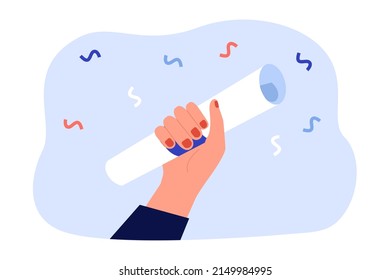 Graduate Hand Holding Rolled Paper With Diploma. Happy Person With Certificate And Confetti Flat Vector Illustration. Graduation, Success Concept For Banner, Website Design Or Landing Web Page