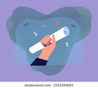 Graduate hand holding rolled paper with diploma. Happy person with certificate and confetti flat vector illustration. Graduation, success concept for banner, website design or landing web page