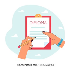 Graduate hands holding pencil and diploma. Person writing on high school graduation certificate flat vector illustration. Education, agreement concept for banner, website design or landing web page