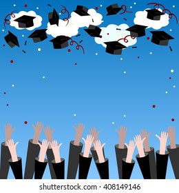 Graduate Hands Throwing Up Graduation Hats. Graduation Background with Place for Text. Graduation Caps in the Air.