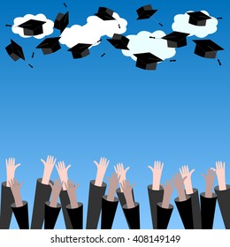 Graduate Hands Throwing Up Graduation Hats. Graduation Background with Place for Text. Graduation Caps in the Air.