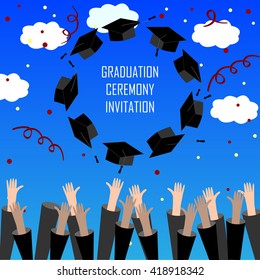 Graduate Hands Throwing Up Graduation Hats. Graduation Background with Place for Text. Graduation Caps in the Air.