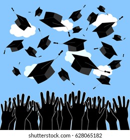 Graduate Hands Throwing Up Graduation Hats. Graduation Ceremony background